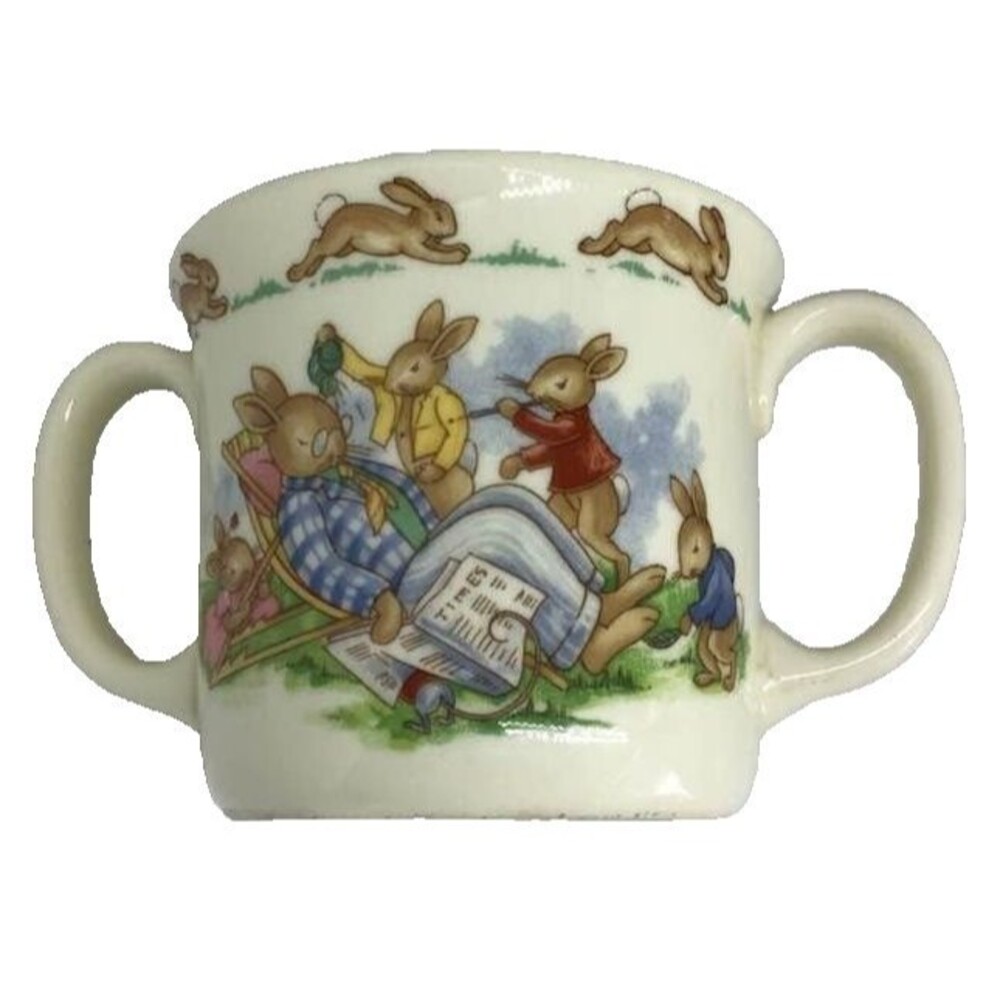 1936 Bunnykins Rabbits Bunnies Child Cup Mug Royal Doulton Vtg Double Handles